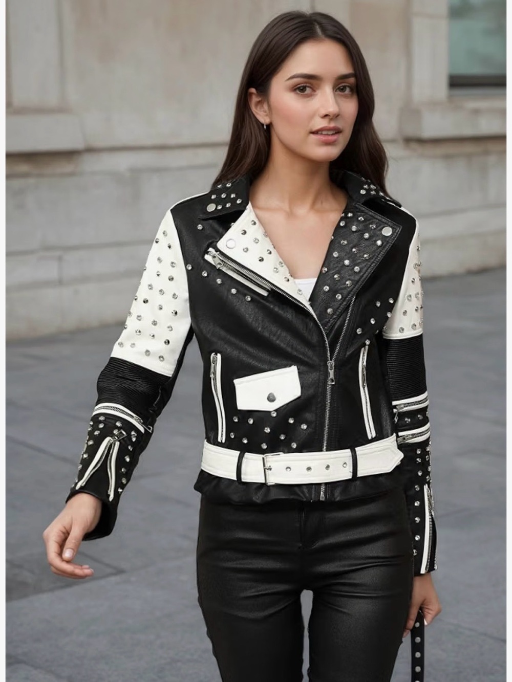 Risissida Women’s Studded Two-Tone Black & White Moto Jacket